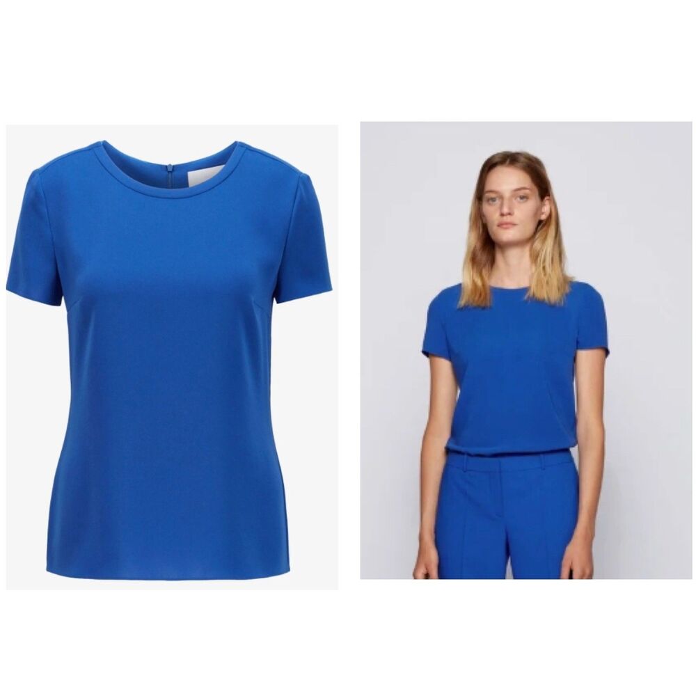SZ 12 BOSS HUGO BOSS ‘Ilyna’ Women’s Short-Sleeve Back Zip Top Turquoise Blue